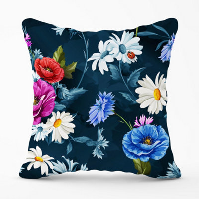 Warren Reed Designer Poppy Flowers With Chamomile Blue Cushions 60Cm X 60Cm from B&Q