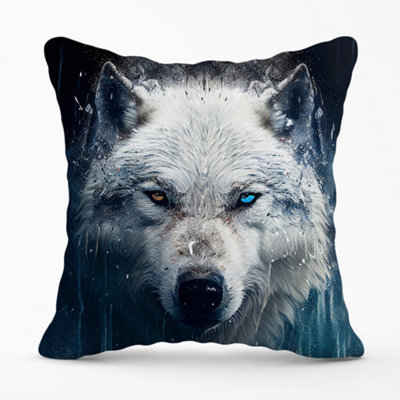 Warren Reed Designer White Wolf Face Splashart Cushions 45Cm X 45Cm from B&Q