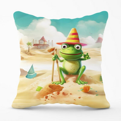 Warren Reed Designer Happy Frog On A Beach Holiday Cushions 45Cm X 45Cm from B&Q