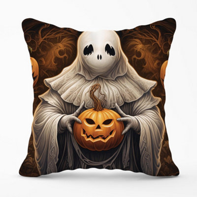 Warren Reed Designer Spooky White Ghost Holding Pumpkin Cushions 45Cm X 45Cm from B&Q