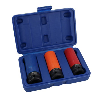 B&Q -  3Pc Impact Impacted Deep Alloy Wheel Nut Sockets 17 19 + 21mm 1/2In Drive