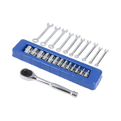 AB Tools Metric 1/4In Drive Sockets 414mm + 10Pc Spanners 411mm + 1/4In Ratchet from B&Q