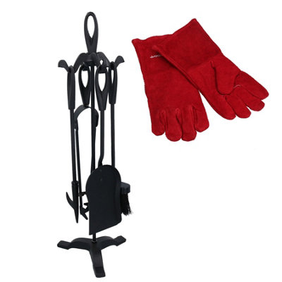 AB Tools Fire Fireside Fireplace Log Burner Companion Set 5Pc & Heat Resistant Gloves from B&Q