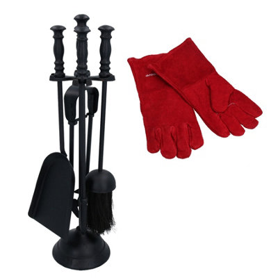 AB Tools 5Pc Log Burner Fire Fireside Fireplace Companion Set & Heat Resistant Gloves from B&Q
