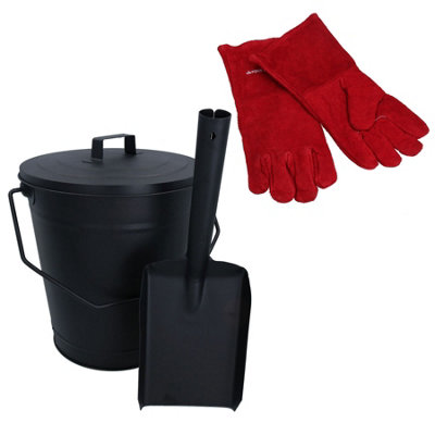 AB Tools Coal Bucket With Lid5" Shovel & Gloves Metal Ash Tidy Bin Coal Fire Log Burner from B&Q