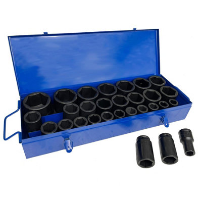 Ab Tools 3/4In Drive Deep Metric Impact Impacted Socket Set 6 Sided 19Mm-65Mm 29Pc