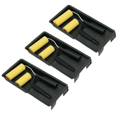 AB Tools 3" + 4" Mini Paint Roller Tray Set Foam Sleeves Rollers Solvent Based Painting 3Pk