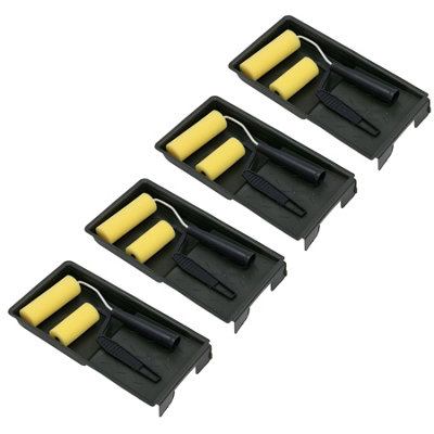 AB Tools 3" + 4" Mini Paint Roller Tray Set Foam Sleeves Rollers Solvent Based Painting 4Pk
