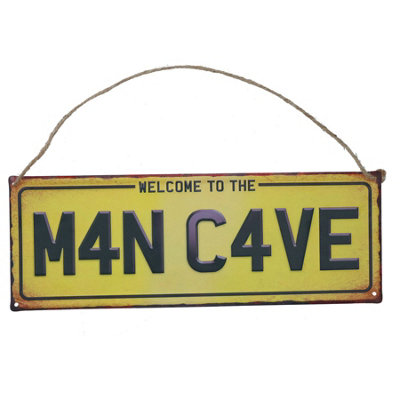 B&Q -  Novelty Hanging 'welcome To M4N C4Ve Metal Sign Prepunched Holes 13X36Cm