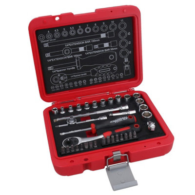AB Tools 1/4In Drive Socket Bit Set Metric Sizes 414mm Extensions Ratchets Hex 37Pc from B&Q