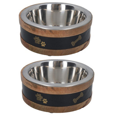 AB Tools 2 Medium Wooden Ring With Removal Metal Bowl Dog Puppy Food Water Dish from B&Q