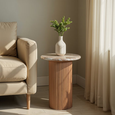  - Bundi Natural Marble & Wood Pedestal Side Table
