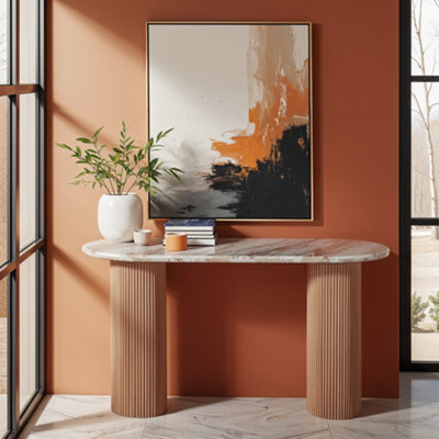 Bundi Natural Marble & Wood Pedestal Console Table from B&Q