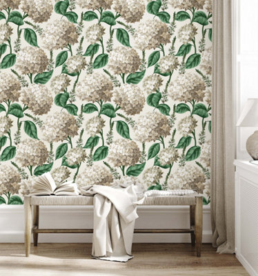Bobbi Beck Eco Friendly White Hydrangea Wallpaper from B&Q