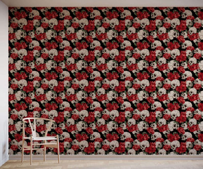 B&Q -  Eco Friendly Multicolour Gothic Skull And Roses Wallpaper