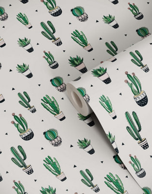 Bobbi Beck Eco Friendly Beige Illustrated Cactus Wallpaper from B&Q