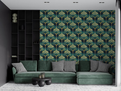B&Q -  Eco Friendly Teal Abstract Mountain Wallpaper