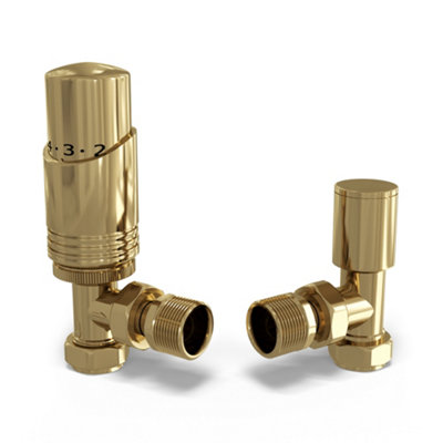 B&Q -  Thermostatic Radiator Valve Set Trv Angled With Lockshield 8mmModern Style Polished Brass Talus Bold