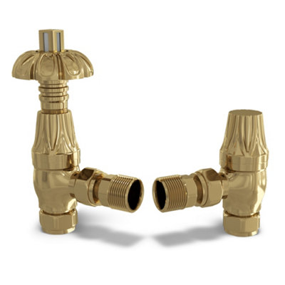 B&Q -  Metal Head Thermostatic Radiator Valve Set Trv Angled With Lockshield 8mmTraditional Style Polished Brass