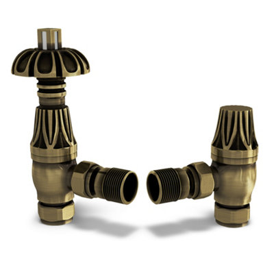 Uk Radiators Signature Metal Head Antique Brass Thermostatic Radiator Valve & Lockshield Angled 10Mm