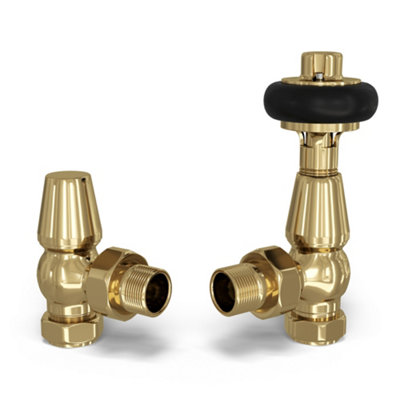B&Q -  Wooden Traditional Thermostatic Radiator Valve Set Trv Angled With Lockshield 10mmPolished Brass