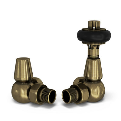 Uk Radiators 1/2Bsp 15mm Corner Antique Brass Traditional Thermostatic Radiator Valve & Lockshield Signature Wooden Head from B&Q