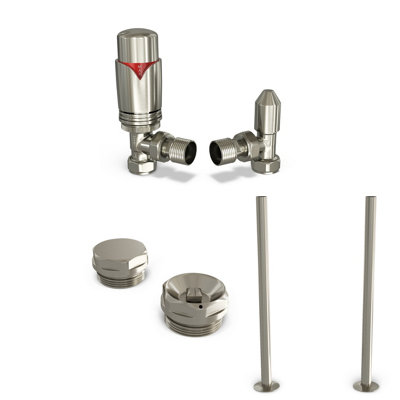 Uk Radiators 1/2Bsp 15mm Angled Silver Nickel Modern Thermostatic Radiator Valve & Lockshield Derry Bold from B&Q