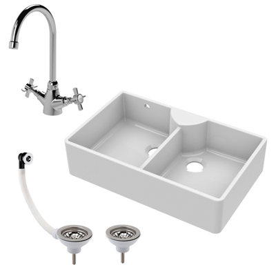 Balterley Fireclay 895mm Double Bowl Butler Kitchen SinkStepped WeirMixer Tap & Wastes