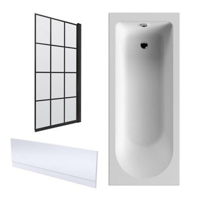 B&Q -  1700 X 700mm Shower Bath Bundle Single End Round TubFront Panel & Square Bath ScreenBlack Framed