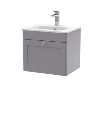 B&Q -  Classique Wall Hung 1 Drawer Vanity Unit & Minimalist Ceramic BasinContemporary Sink Vanity Unit In Satin Grey With White
