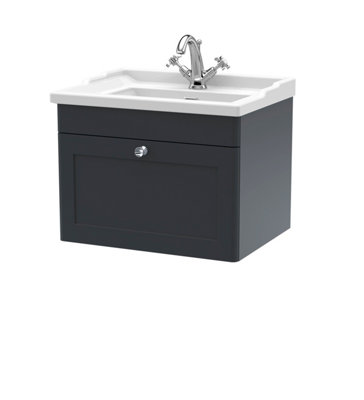 B&Q -  Classique Wall Hung 1 Drawer Unit & 1 Tap Hole Fireclay BasinStylish Sink Vanity Unit In Soft Black With White Basin