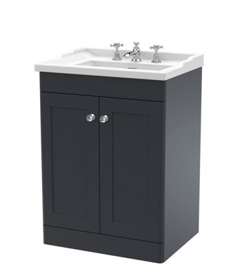 B&Q -  Classique 600mm Floor Standing 2 Door Unit With 3 Tap Hole Basin-Soft Black