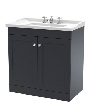 B&Q -  Classique Floor Standing 2 Door Unit & 3 Tap Hole Fireclay BasinSink Vanity Unit In Soft Black With White Basin