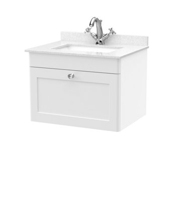 B&Q -  Classique Wall Hung 1 Drawer Vanity Unit & 1 Tap Hole White Marble Top With Square BasinStylish Sink Vanity Unit In Satin