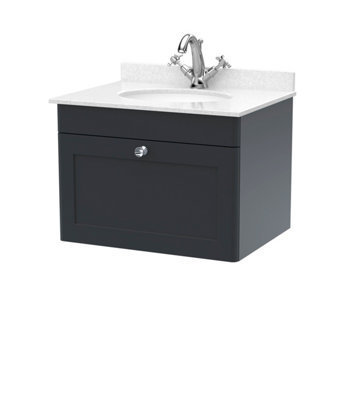 B&Q -  Classique Wall Hung 1 Drawer Unit & 1 Tap Hole White Marble Top With Oval BasinSink Vanity Unit In Soft Black With White