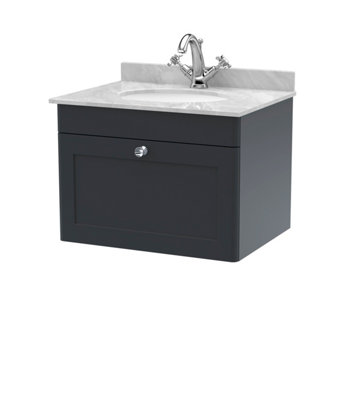 B&Q -  Classique Wall Hung 1 Drawer Unit & 1 Tap Hole Grey Marble Top With Oval BasinSink Vanity Unit In Soft Black With White