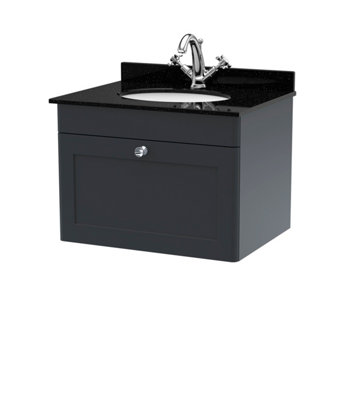 B&Q -  Classique Wall Hung 1 Drawer Unit & 1 Tap Hole Black Marble Top With Oval BasinSink Vanity Unit In Soft Black With White