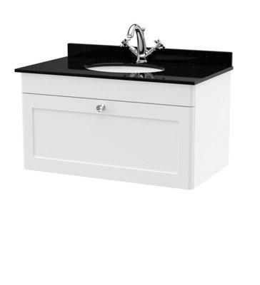 B&Q -  Classique Wall Hung 1 Drawer Vanity Unit & 1 Tap Hole Black Marble Top With Oval BasinStylish Sink Vanity Unit In Satin