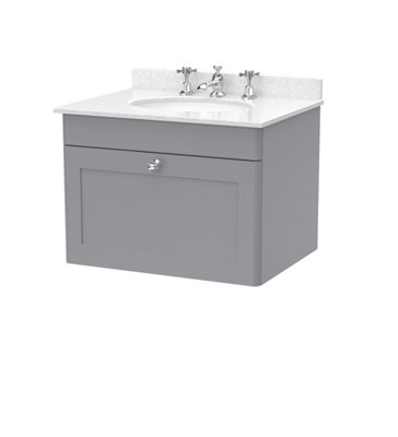 B&Q -  Classique Wall Hung 1 Drawer Vanity Unit & 3 Tap Hole White Marble Top With Oval BasinContemporary Sink Vanity Unit In