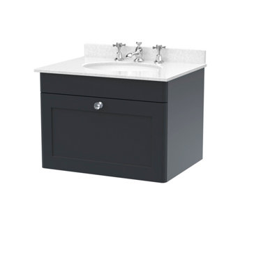 B&Q -  Classique Wall Hung 1 Drawer Unit & 3 Tap Hole White Marble Top With Oval BasinSink Vanity Unit In Soft Black With White