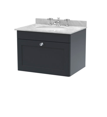 B&Q -  Classique Wall Hung 1 Drawer Unit & 3 Tap Hole Grey Marble Top With Oval BasinSink Vanity Unit In Soft Black With White