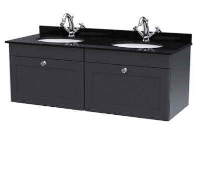 B&Q -  Classique Wall Hung 2 Drawer Unit & 1 Tap Hole Black Marble Top With Oval BasinSink Vanity Unit In Soft Black With White