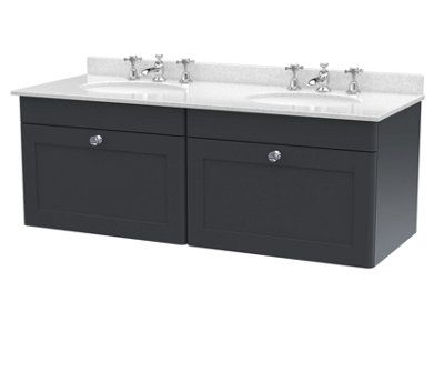 B&Q -  Classique Wall Hung 2 Drawer Unit & 3 Tap Hole White Marble Top With Oval BasinSink Vanity Unit In Soft Black With White