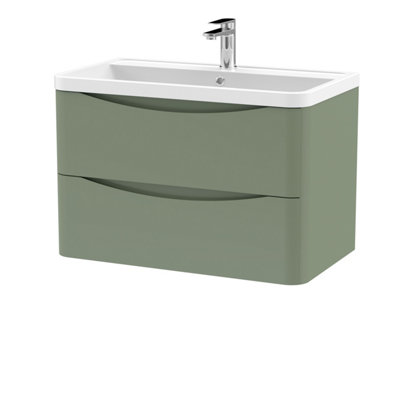 Balterley Dunwood Wall Hung 2 Drawer Bathroom Vanity Unit & Polymarble BasinSatin Green755mm from B&Q