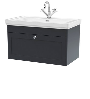 B&Q -  Swynnerton Traditional Bathroom Wall Hung 1-Drawer Vanity Unit & Fireclay BasinDark Grey800mm
