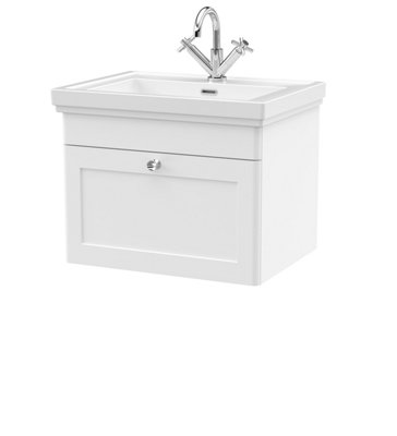 Balterley Swynnerton Traditional Bathroom Wall Hung 1-Drawer Vanity Unit & Fireclay BasinSatin White600mm from B&Q