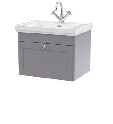 Balterley Swynnerton Traditional Bathroom Wall Hung 1-Drawer Vanity Unit & Fireclay BasinSatin Grey600mm from B&Q