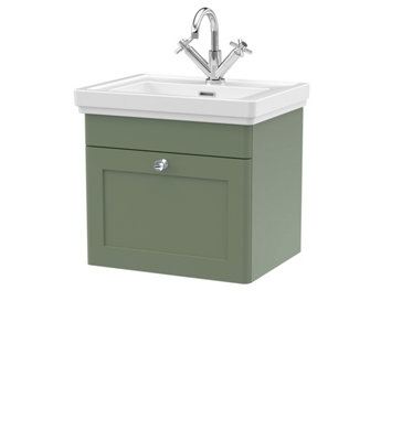 Balterley Swynnerton Traditional Bathroom Wall Hung 1-Drawer Vanity Unit & Fireclay BasinSatin Green500mm from B&Q