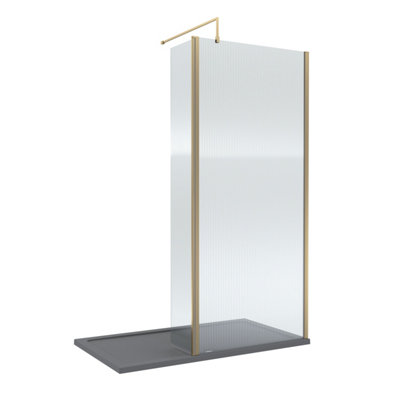Balterley 8mm Fluted Glass Walk In Wetroom Screen And Hinged Return With Brushed Brass Profile And Grey Shower Tray1400 X 900mm from B&Q