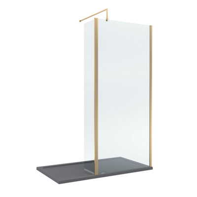 B&Q -  8mm Glass Walk In Wetroom Screen And Hinged Return Screen With Brushed Brass Profile And Grey Shower Tray1400 X 900mm